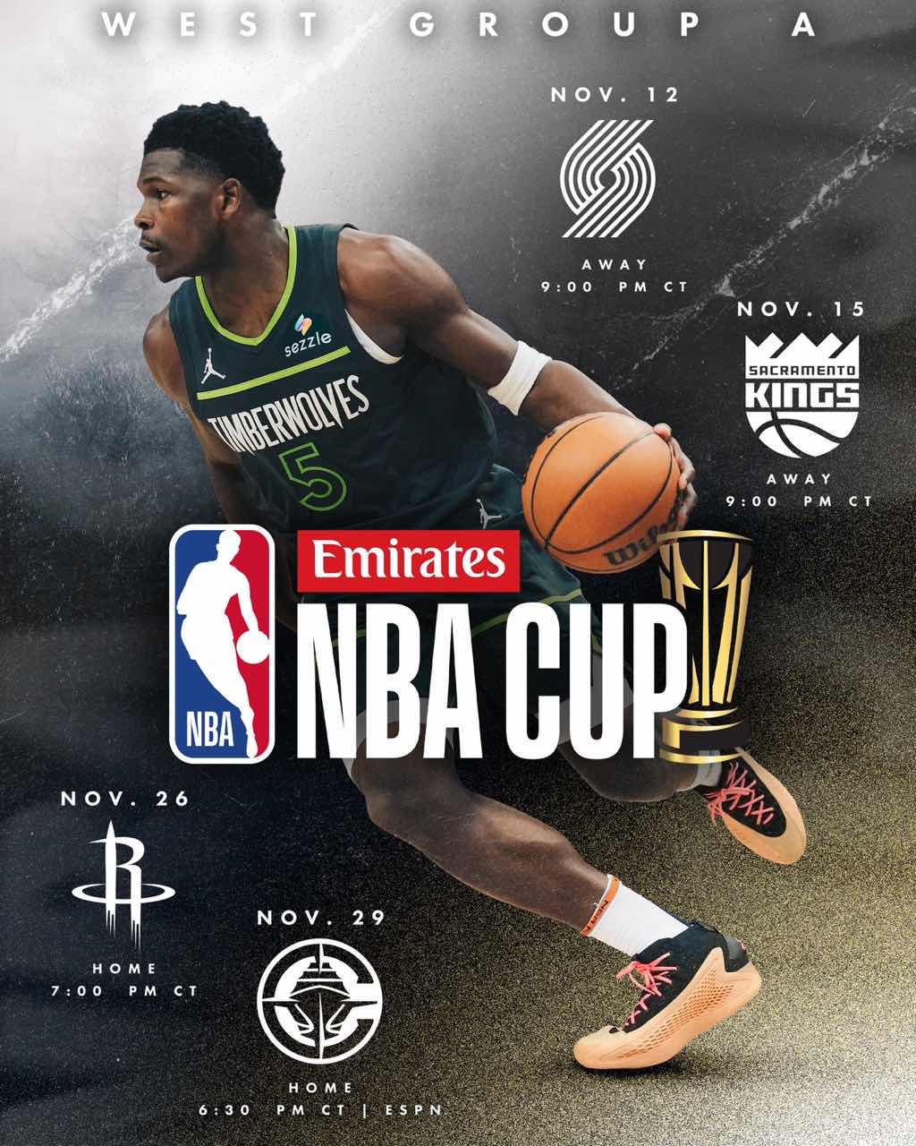 🌟森林狼NBA杯小组赛赛程：主战火箭、快船 客战开拓者、国王